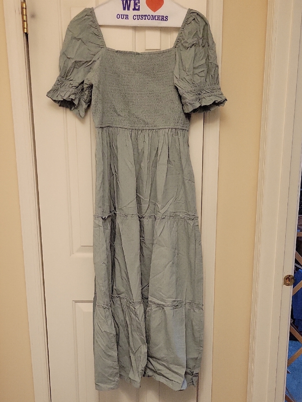 Brand New W Tags Smocked Puff-Sleeve Maxi Dress in Sage Green